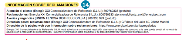 Factura eléctrica PVPC - datos sobre reclamaciones